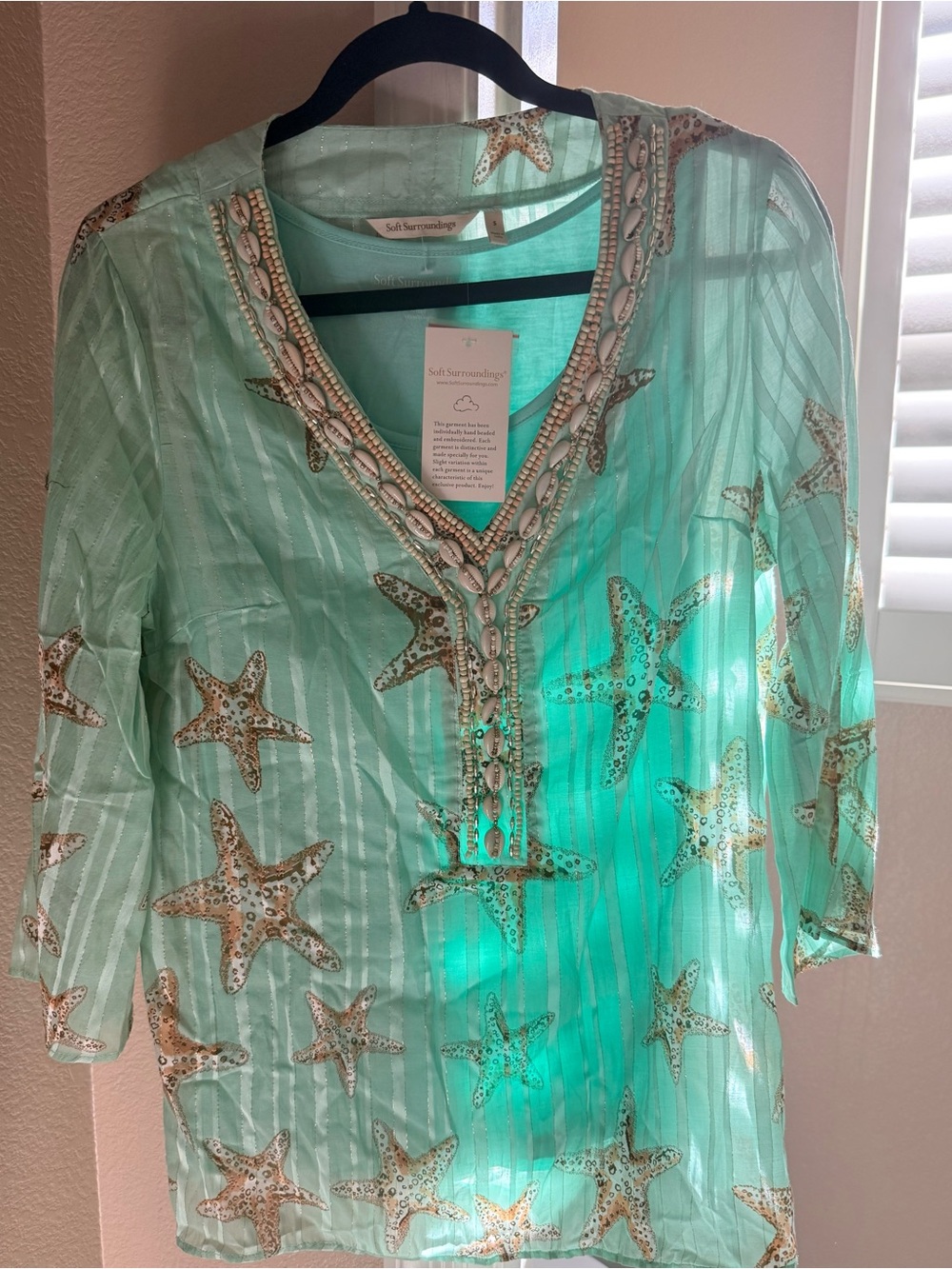 Soft Surroundings Mint Green Starfish Beaded Tunic w Metallic Threads Lined Tank